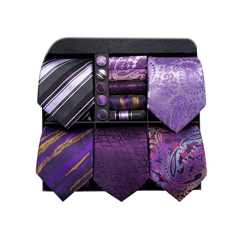 6312 Lot 5 Pcs Gift Box Tie Set Necktie with Pocket Square Cufflinks Silk